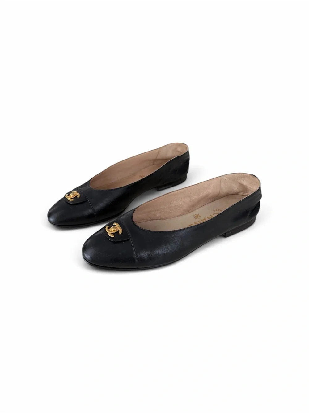 CHANEL Rare 24K CC Lock Black Leather Ballet Flats / EU 36